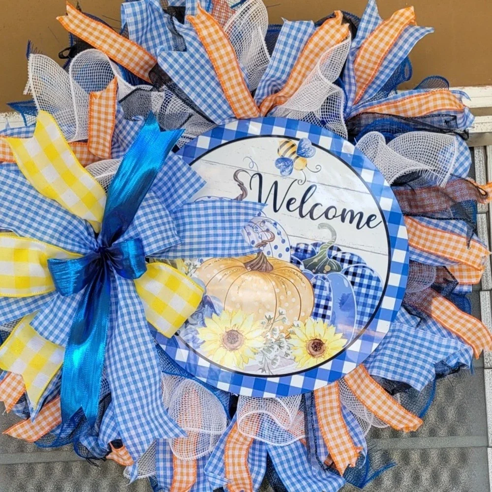 Sunflower Pumpkin Welcome Blue Orange Sunflower Pancake wreath  Holiday decor